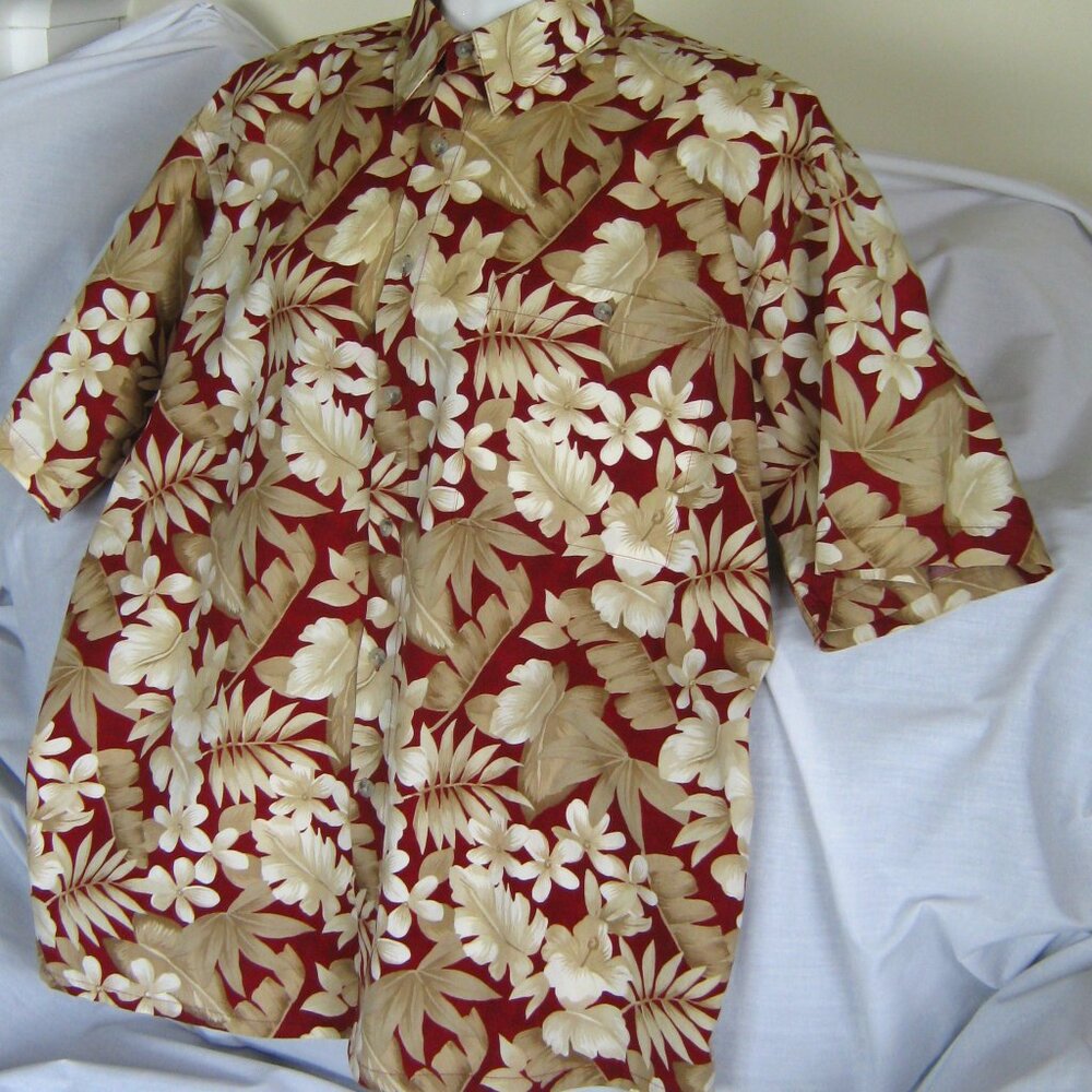Men's XL Vintage Hawaiian Shirt by Campia Moda100% Cotton Red, tan, white Floral